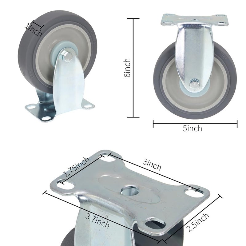 DGQ 5" Caster wheels Heavy Duty Premium Commercial Grade Non-Marking Set of 4 (2 Rigid, 2 Swivel with Brakes) - Image 3